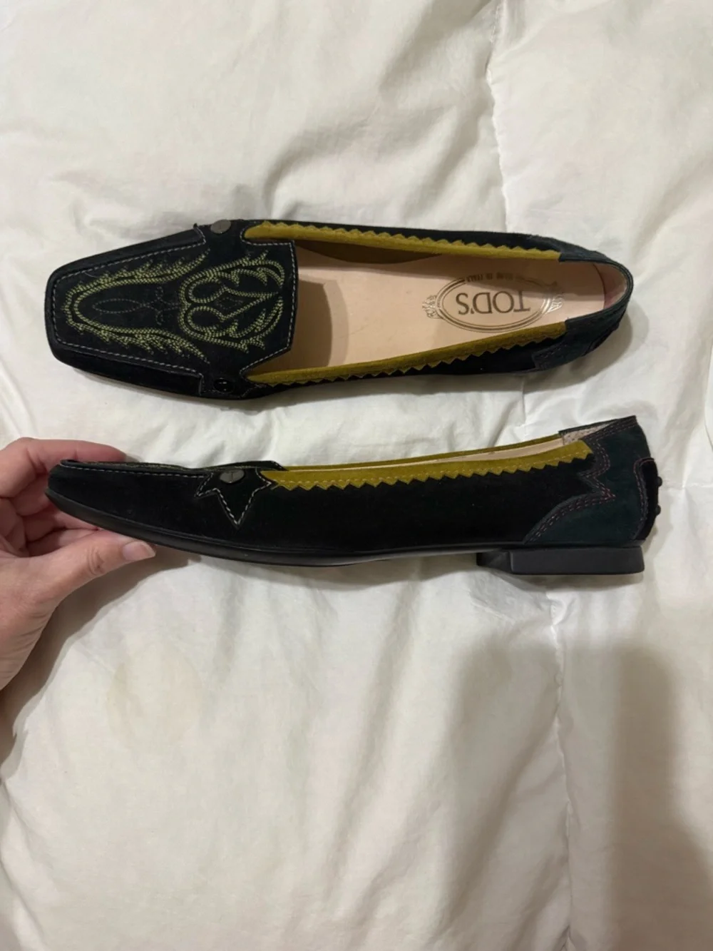 Tod's Black Suede Loafers with Olive Embroidery and Mustard Trim 40 10 - Picture 6 of 10